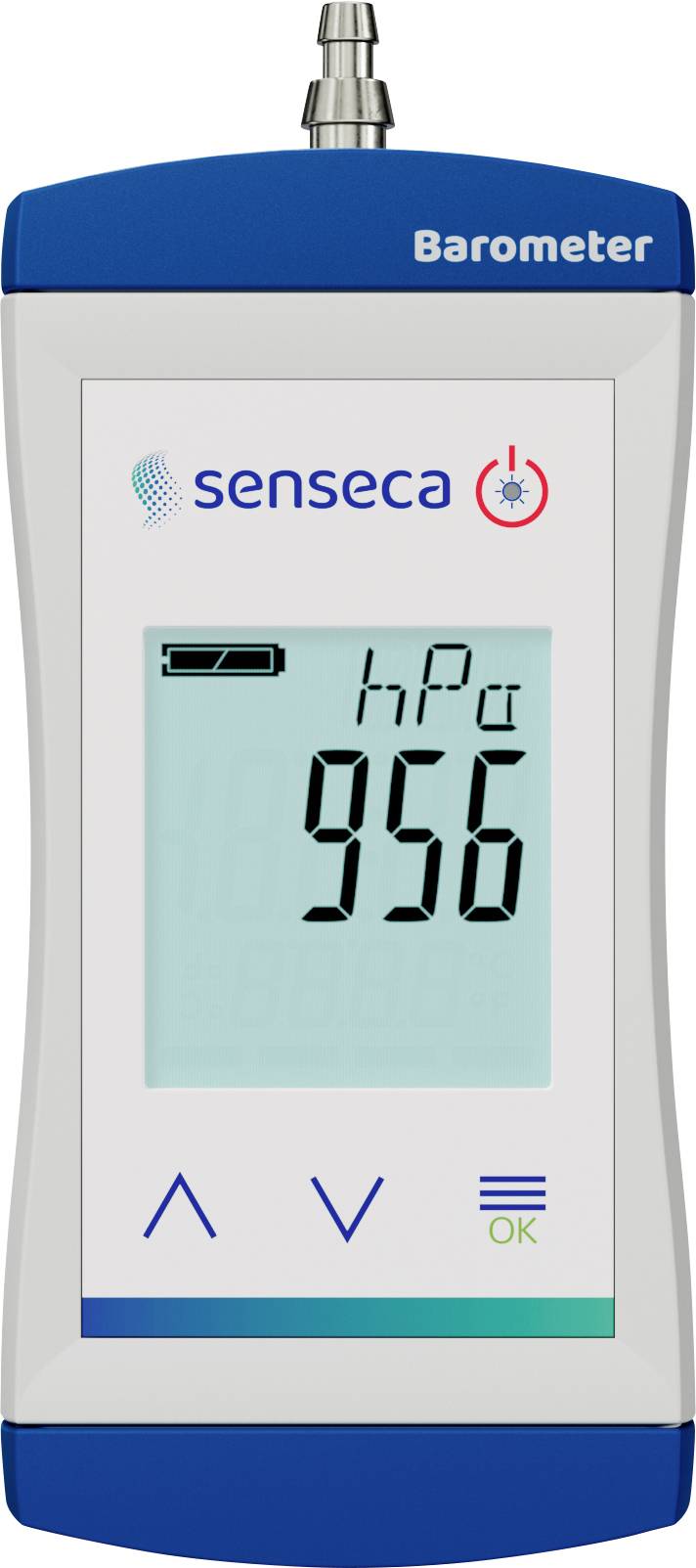 Digitale barometer met display met weergave 'hPa 956', batterij-indicator, knoppen, en labels 'senseca' en 'Barometer'.