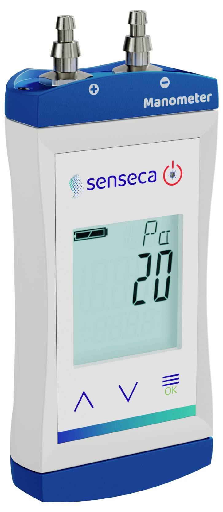 Een digitale handheld manometer die een drukwaarde van '20 Pa' op het scherm weergeeft, met knoppen voor aanpassing eronder.
