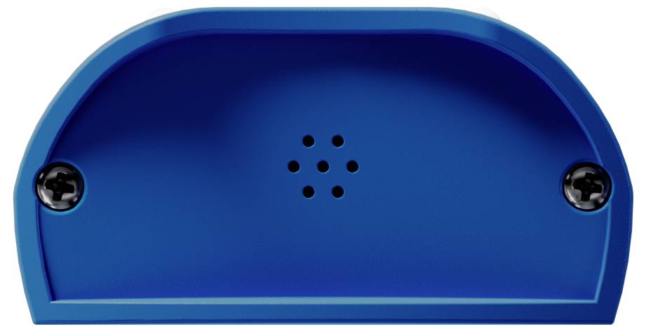 Een blauw, halfcirkelvormig object bekeken van onderen, met twee schroefgaten aan elke kant en een patroon van kleine ronde ventilatiegaten in het midden.