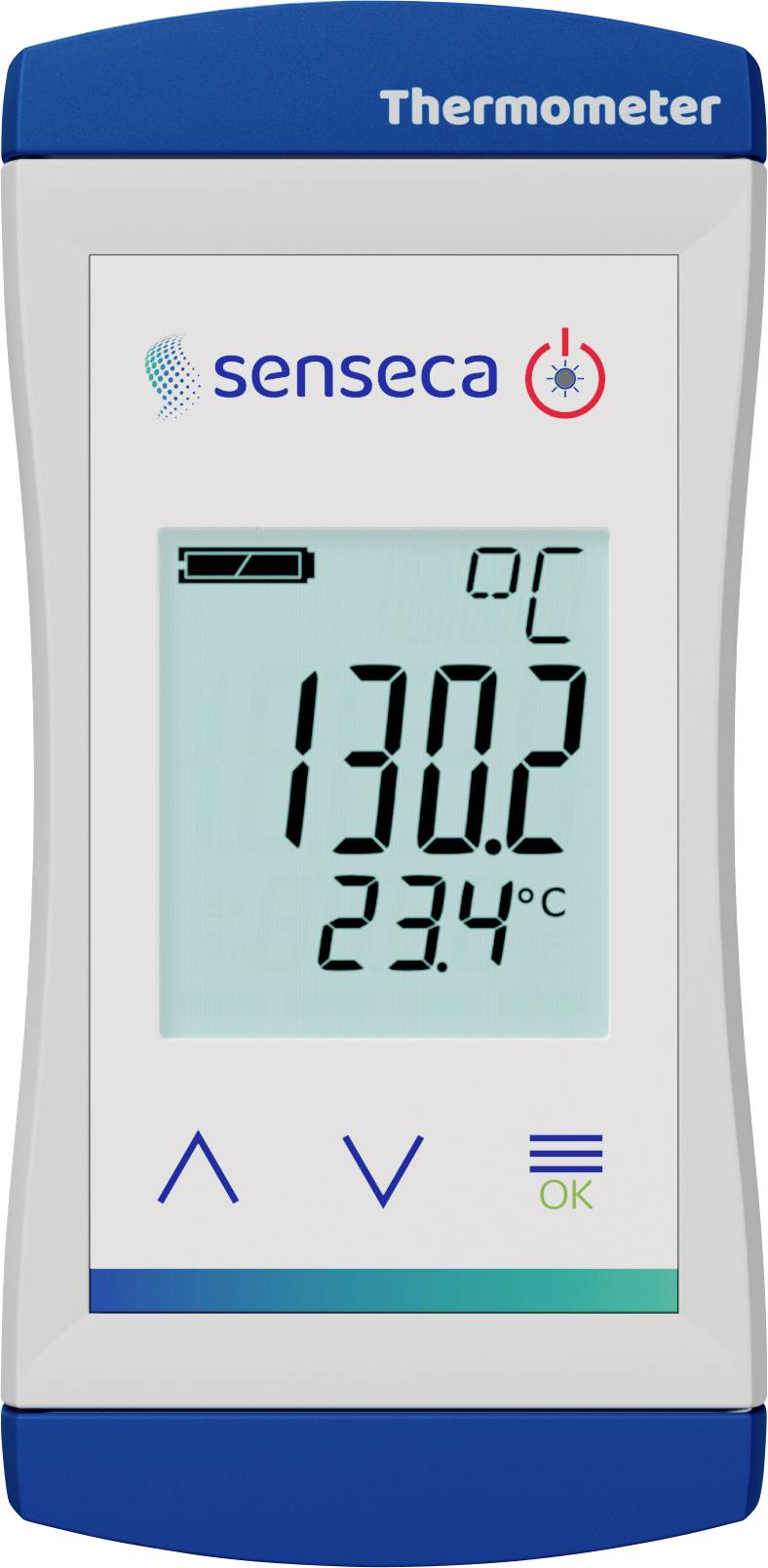 Digitale thermometerdisplay met '130,2°C' en '23,4°C', met merknaam 'senseca' en een waarschuwingssymbool dat oververhitting aangeeft.