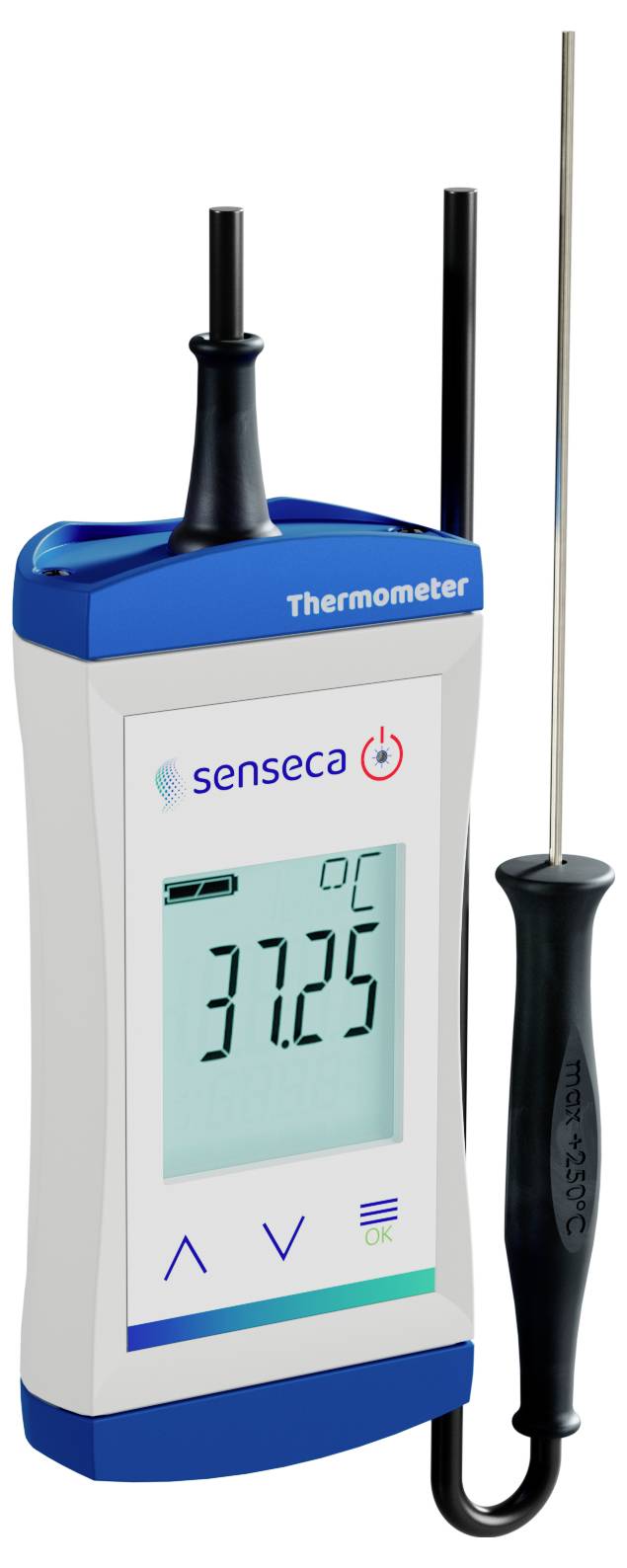Digitale thermometer die '37,25°C' weergeeft met een sonde aangesloten, gemerkt met 'Senseca'.
