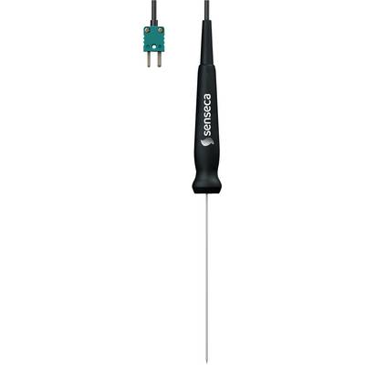 Een zwarte Sensirca temperatuurprobe met een metalen sensortip en een tweepootige connector, gebruikt voor nauwkeurige temperatuurmetingen.