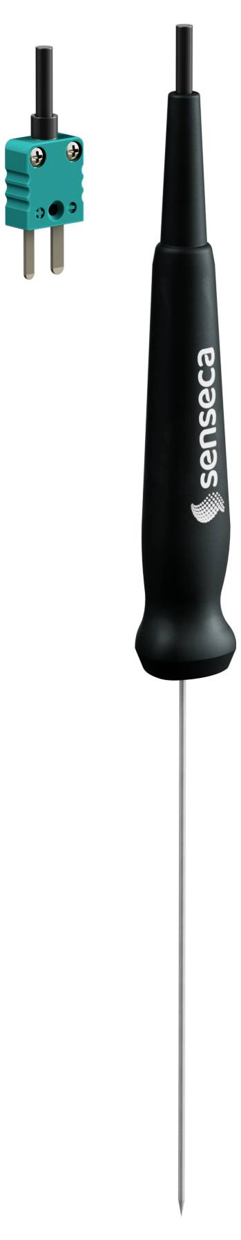 Dunne zwarte temperatuurmeter met een puntige metalen punt en een groene pinconnector erboven.