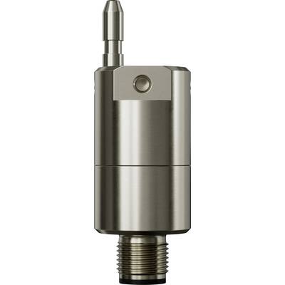 Een metalen industriële sensor, cilindrisch van vorm, met een gladde afwerking, voorzien van een connector aan de onderkant en een knop nabij de bovenkant.