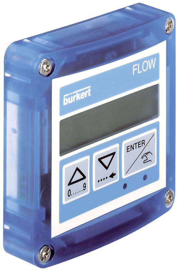 Een flowmeter met digitaal display en bedieningsknoppen voor het regelen van de doorstroming, merk op de behuizing.
