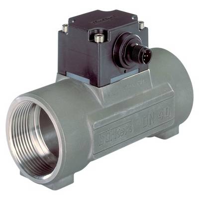 Een industriële sensor voor debietmeting, gemonteerd in een metalen buisbehuizing met de aanduiding 'DN 40'.