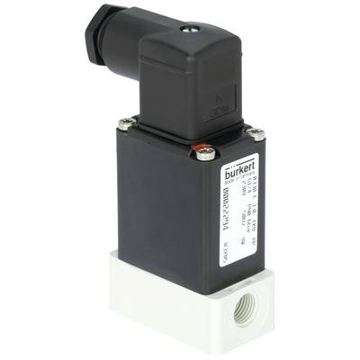 Een zwart en wit Burkert-magneetventiel met een rechthoekige behuizing, zichtbaar gemonteerd etiket en aansluitingen.