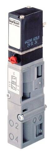 'Elektrisch magneetventiel van Bürkert met grijze en zwarte behuizingskleur, voorzien van technische specificaties.'
