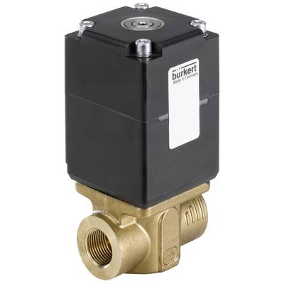 Een magneetventiel van Bürkert met een vierkant zwart behuizing en een gouden metalen aansluiting, label 'Made in Germany'.