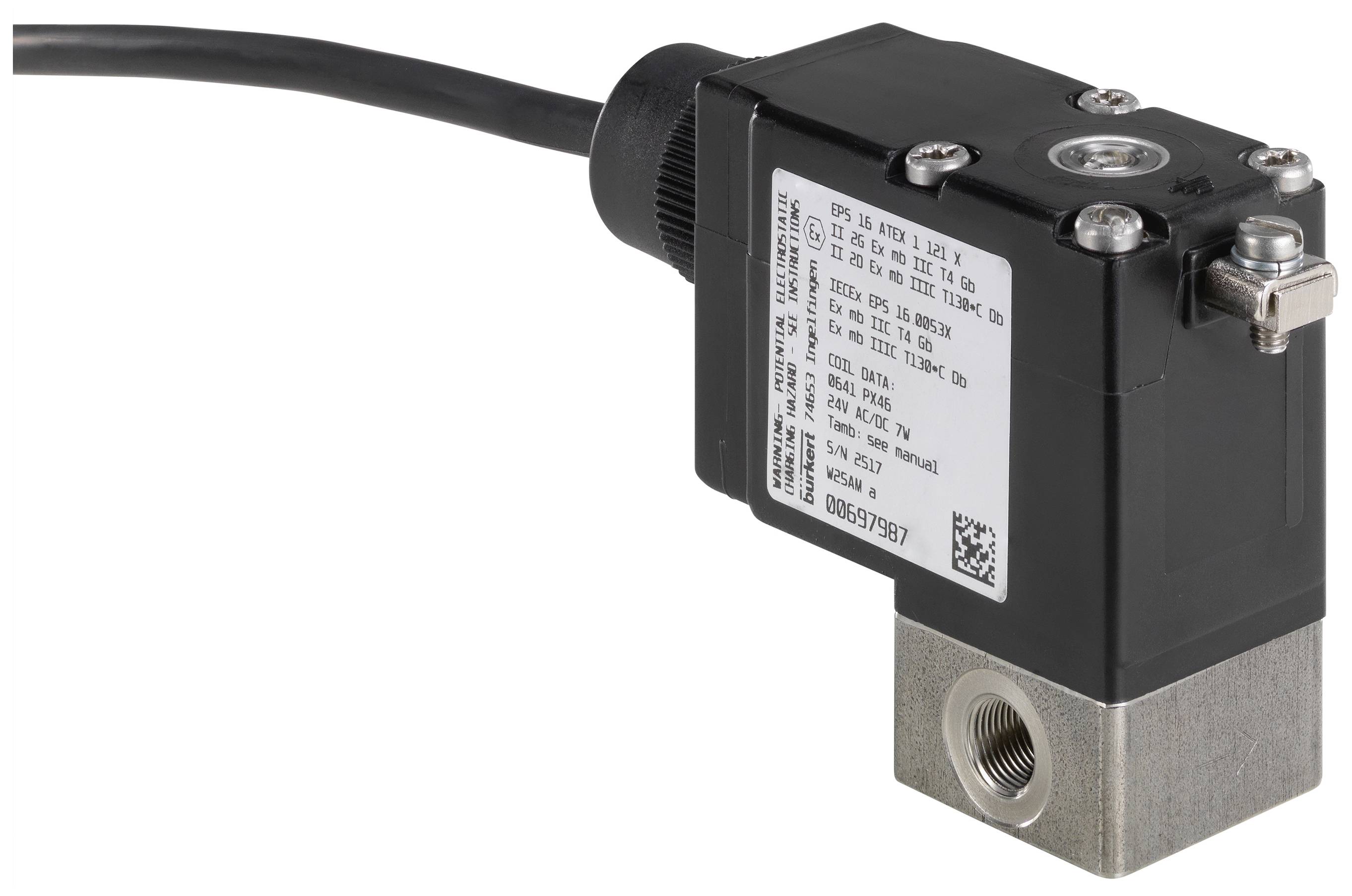 Druksensor met kabel, zwarte behuizing. Wit etiket met technische tekst. Gebruikt voor het meten van druk in machines.