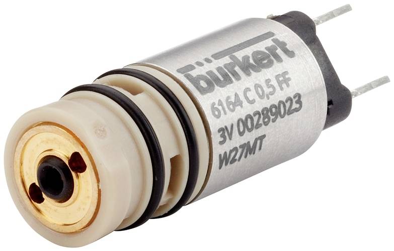 Elektrisch ventiel met opschrift 'burkert 6164 C 0.5 FF 3V 00289023'. Twee draden voor elektrische aansluiting zichtbaar.