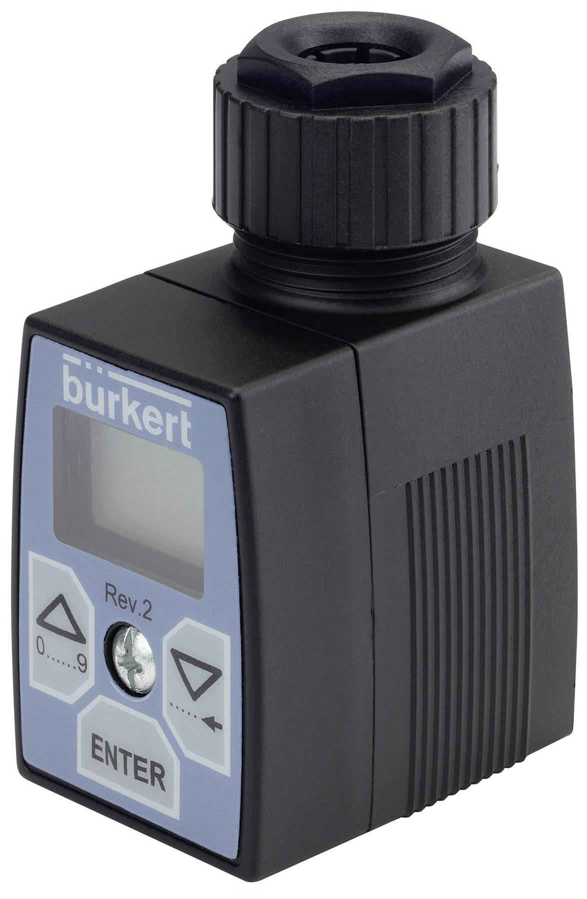 Een zwart elektronisch apparaat met display en blauwe toetsen. Het toont 'burkert' linksboven en heeft toetsen 'ENTER' en 'Rev. 2'.