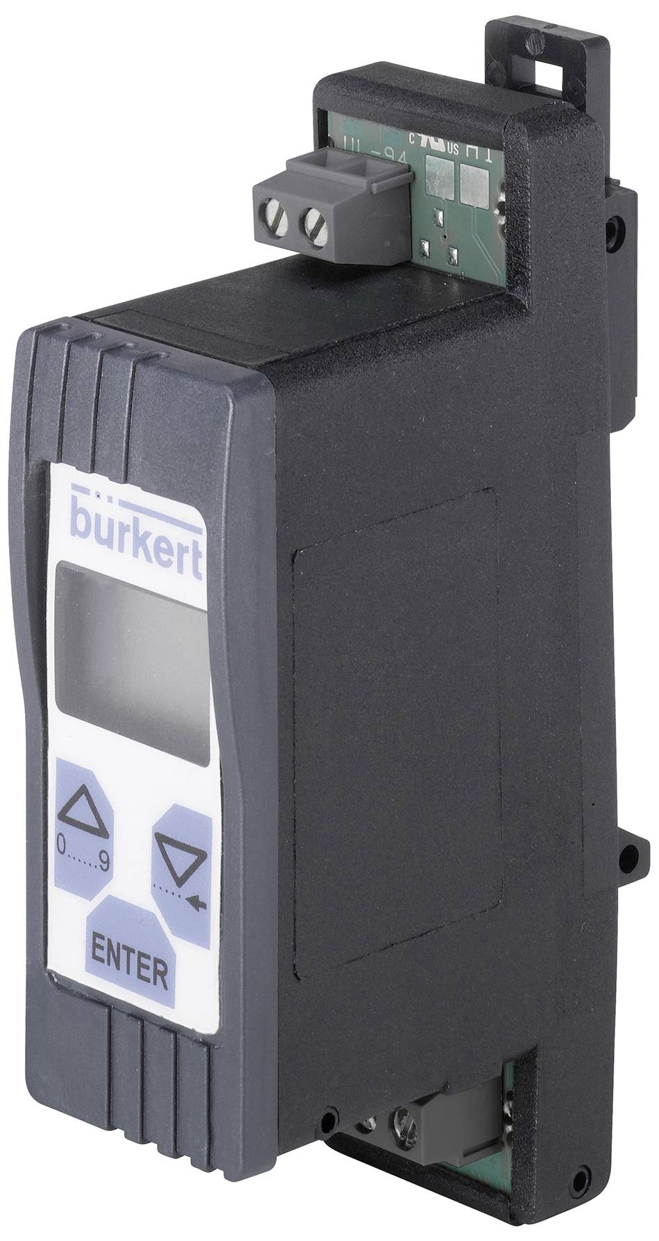 Zwarte elektronische besturingscomponent met display, knoppen voor instellingen en opschrift 'burkert'.