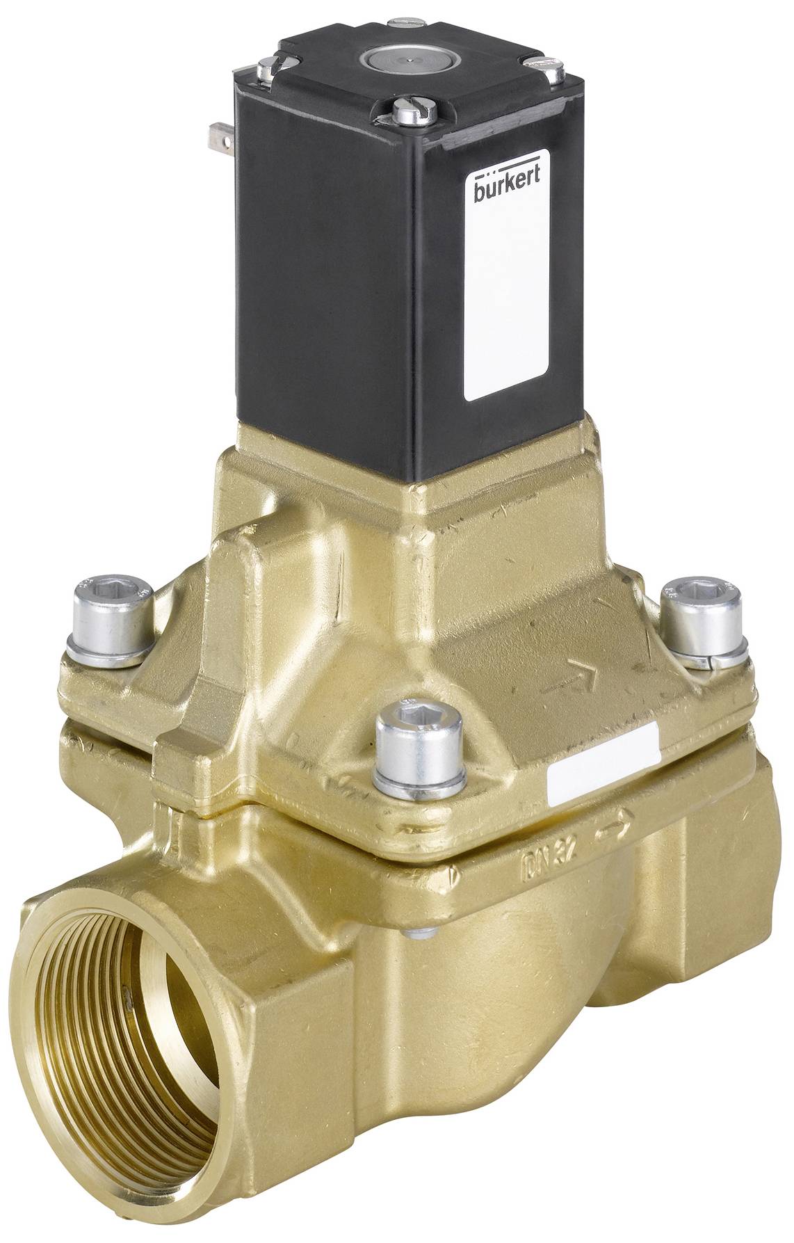 Een messing magneetventiel voor de besturing van vloeistoffen, met een rechthokkast in het zwart en zijdelingse aansluitschroefdraad.
