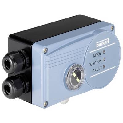 Een blauw elektrisch besturingsapparaat met de opschriften 'MODE', 'POSITION', 'FAULT' en het logo 'burkert' rechtsboven.