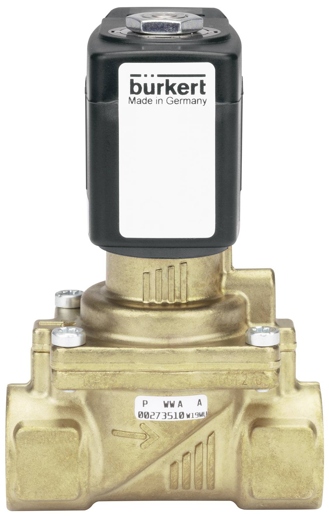 Messing ventiel met rechthoekige, zwarte stuurkast bovenaan, opschrift 'burkert, Made in Germany'.