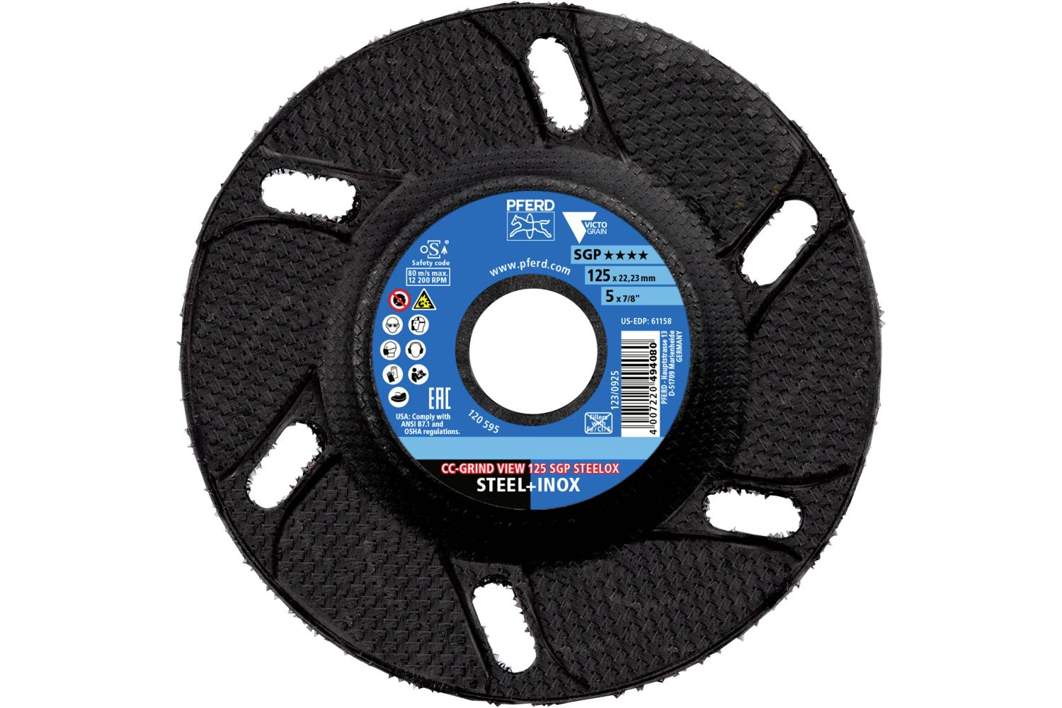 Slijpschijf met een zwarte, gestructureerde oppervlakte en een blauw etiket in het midden dat productkenmerken en een merklogo toont.