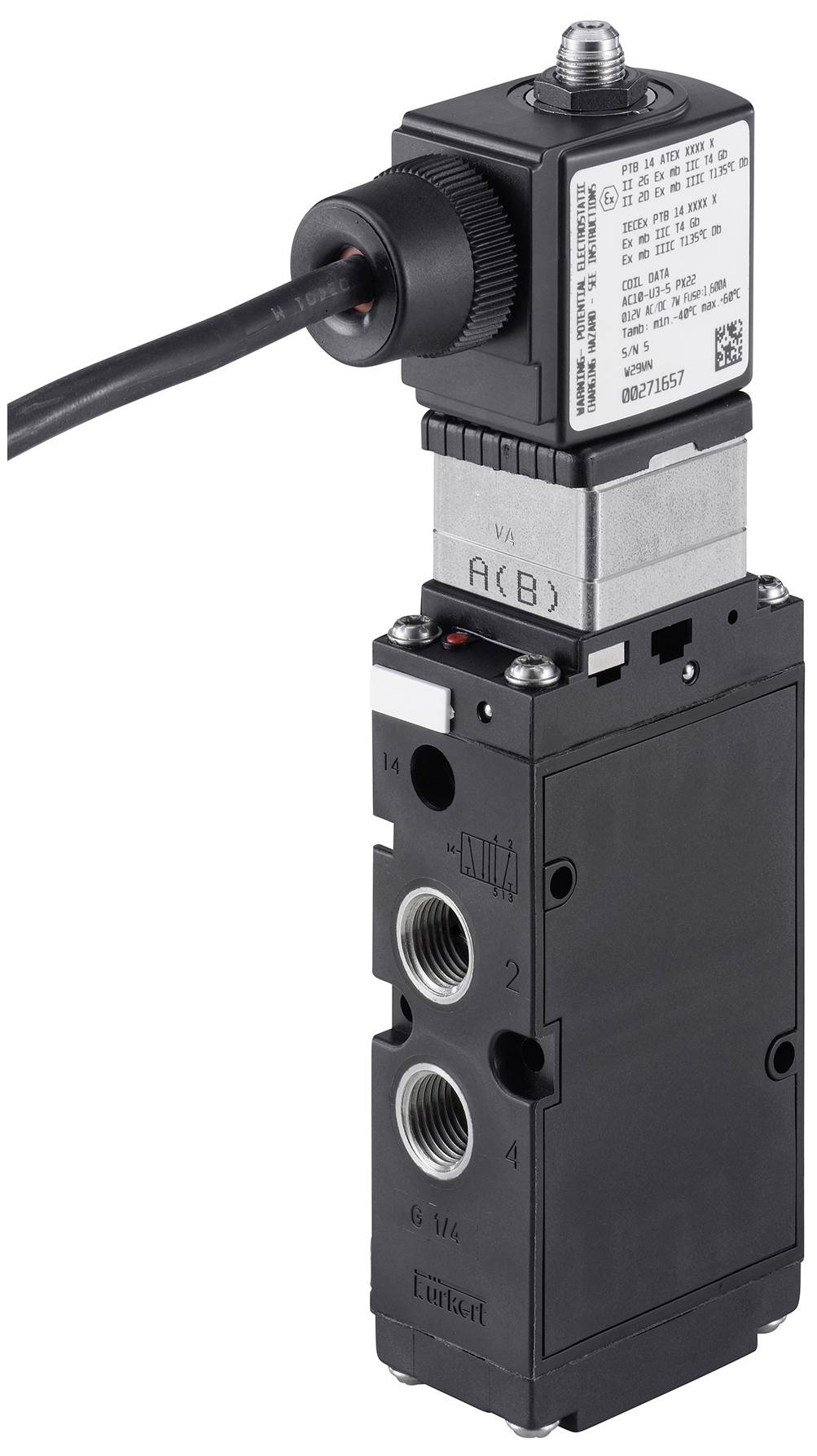 De afbeelding toont een zwart hydraulisch ventiel met een elektronische stuurmodule en aansluitingen. Het wordt gebruikt voor het regelen van vloeistofstromen.