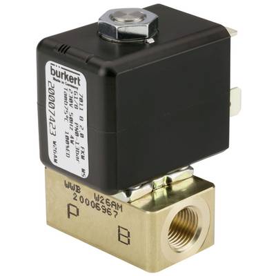 Een elektromagnetisch ventiel met een zwarte behuizing en goudkleurige basis, gemarkeerd met 'Burkert'. Gebruikt in industriële toepassingen.