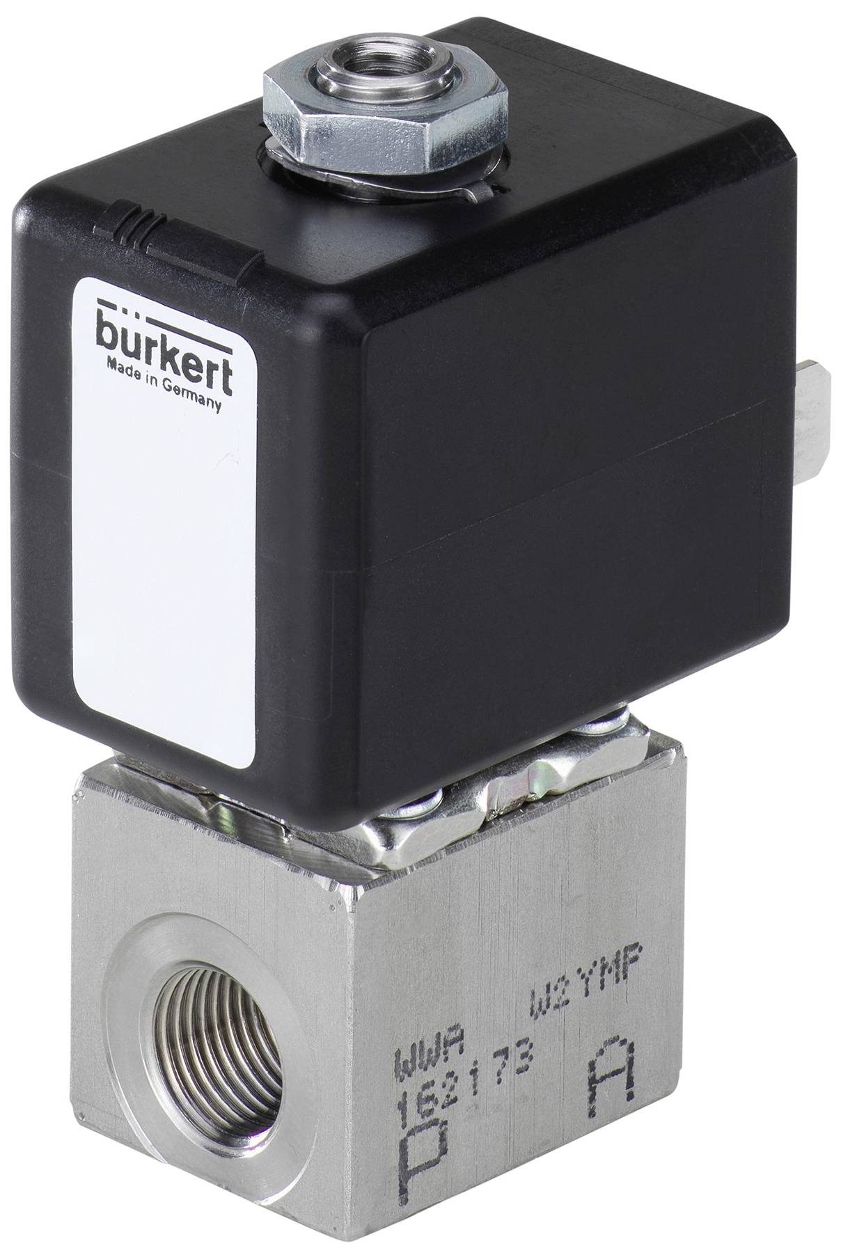 Een ventiel met een zwart behuizing en metalen aansluitingen. Opdruk 'burkert Made in Germany'. Gebruikt voor het sturen van vloeistoffen.