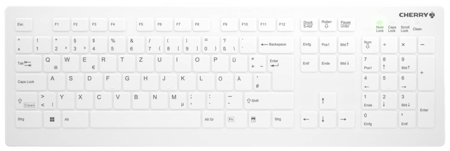 Witte computertoetsenbord met Duits QWERTZ-toetsenbordindeling, normale functietoetsen en numeriek toetsenblok.