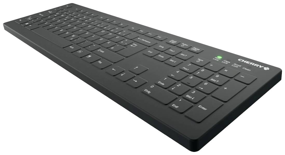 Zwarte computerkeyboard van opzij met Duits toetsenbordindeling, zonder kabel. Rechtsboven logo en typeaanduiding in het wit.