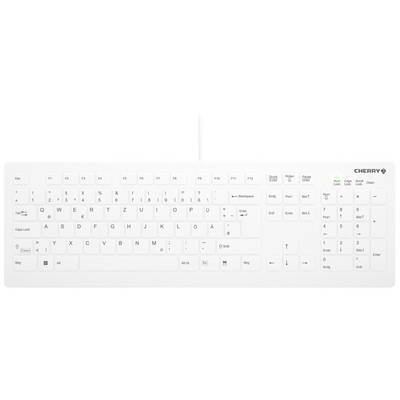 Witte pc-toetsenbord met Duitse QWERTZ-indeling, numeriek toetsenblok en functietoetsen. Rechtsboven bevindt zich het CHERRY-logo.