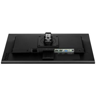 Achterkant van een monitor met verschillende aansluitingen, waaronder HDMI, VGA en audio. Voedingsaansluiting en bedieningsknoppen zichtbaar.