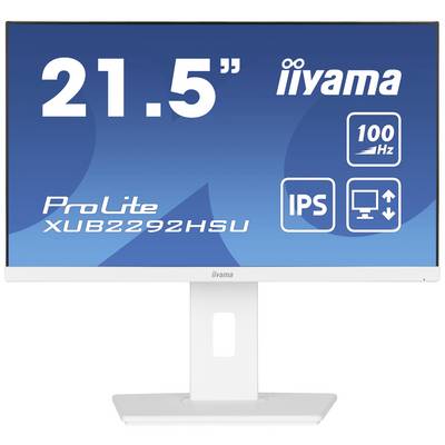 Een witte monitor met een beeldschermgrootte van 21,5 inch. Op het scherm staan 'iiyama', 'ProLite XUB2292HSU', '100Hz' en 'IPS'.
