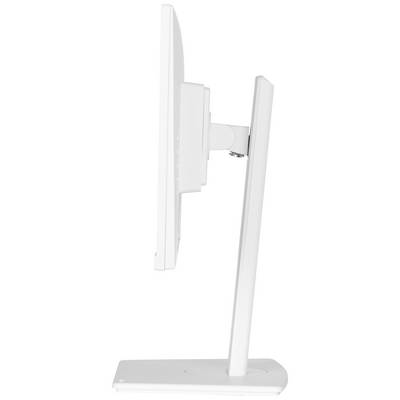 Een wit computerscherm dat zijdelings staat opgesteld op een standaard. De monitor is slank en heeft een verstelbare bevestiging.