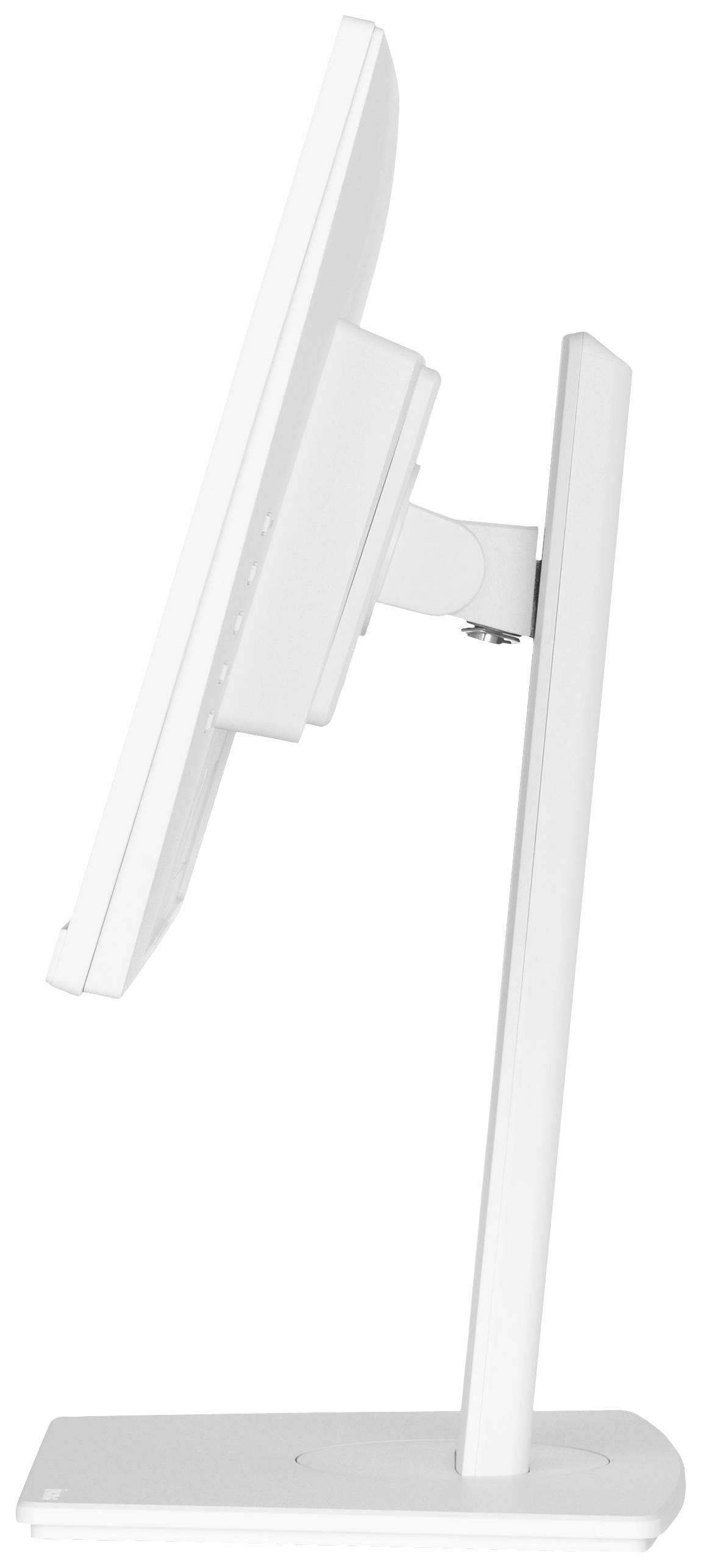 Een witte computermonitor van opzij, gemonteerd op een verstelbare standaard. Het scherm is licht naar voren gekanteld.