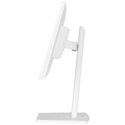 Een witte computermonitor van opzij, gemonteerd op een verstelbare standaard. Het scherm is licht naar voren gekanteld.