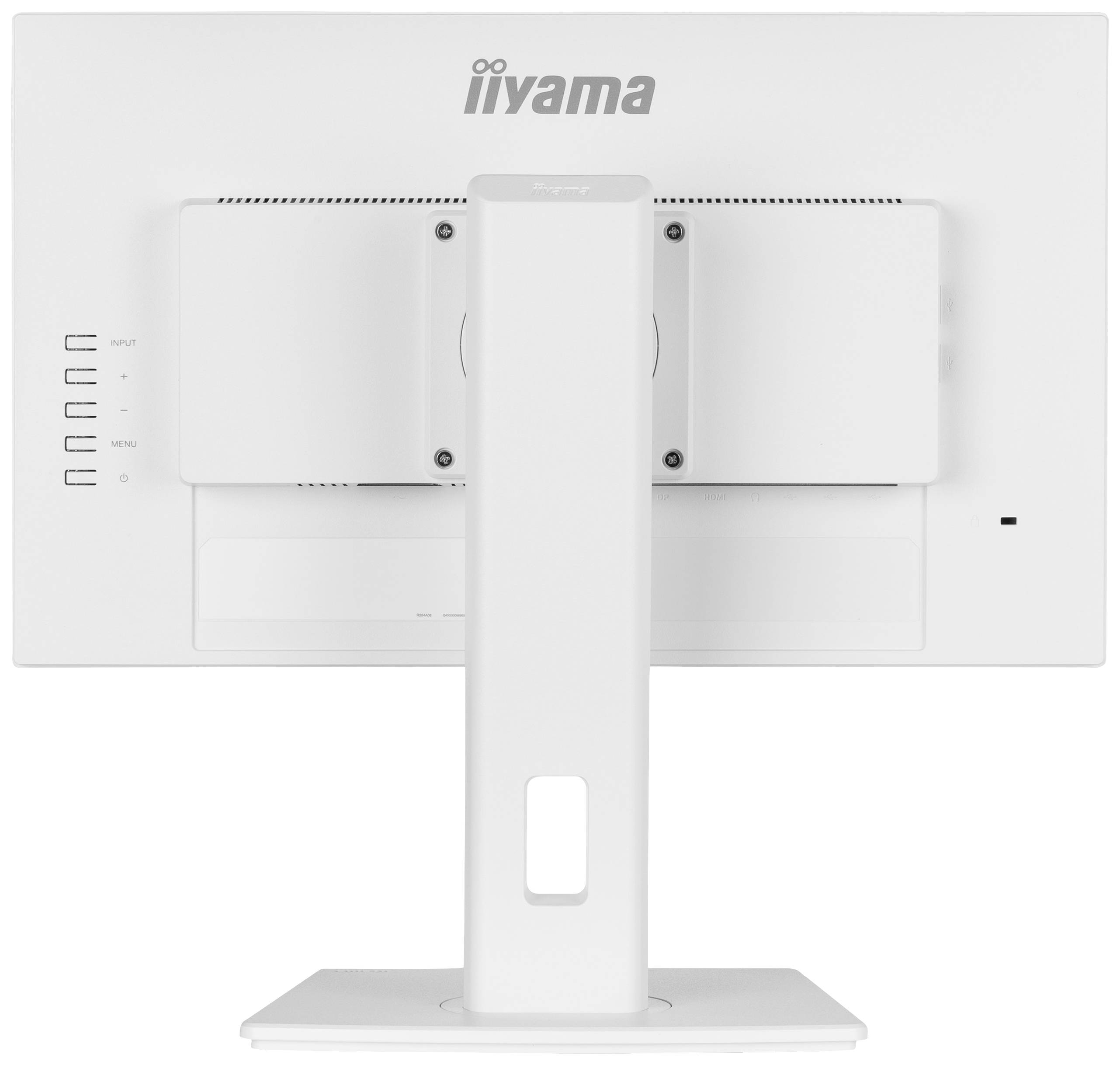 Een witte computerscherm van Iiyama, gezien van achteren, op een rechthoekige standaard.