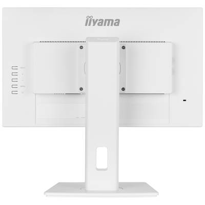 Een witte computerscherm van Iiyama, gezien van achteren, op een rechthoekige standaard.
