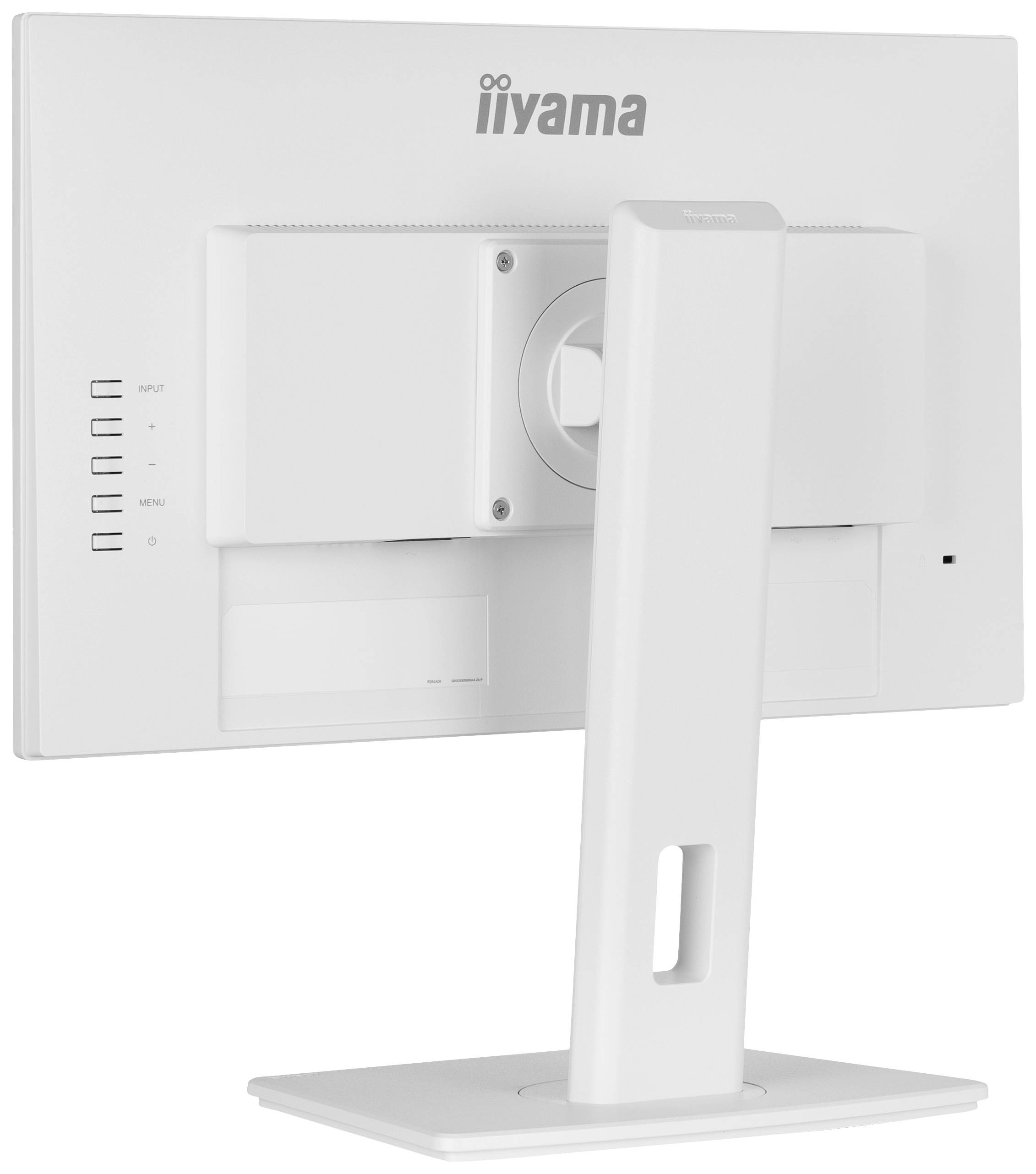 Achterzijde van een witte computermonitor met standaard, meerdere aansluitingen en bedieningselementen.