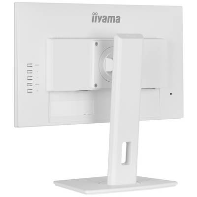Achterzijde van een witte computermonitor met standaard, meerdere aansluitingen en bedieningselementen.