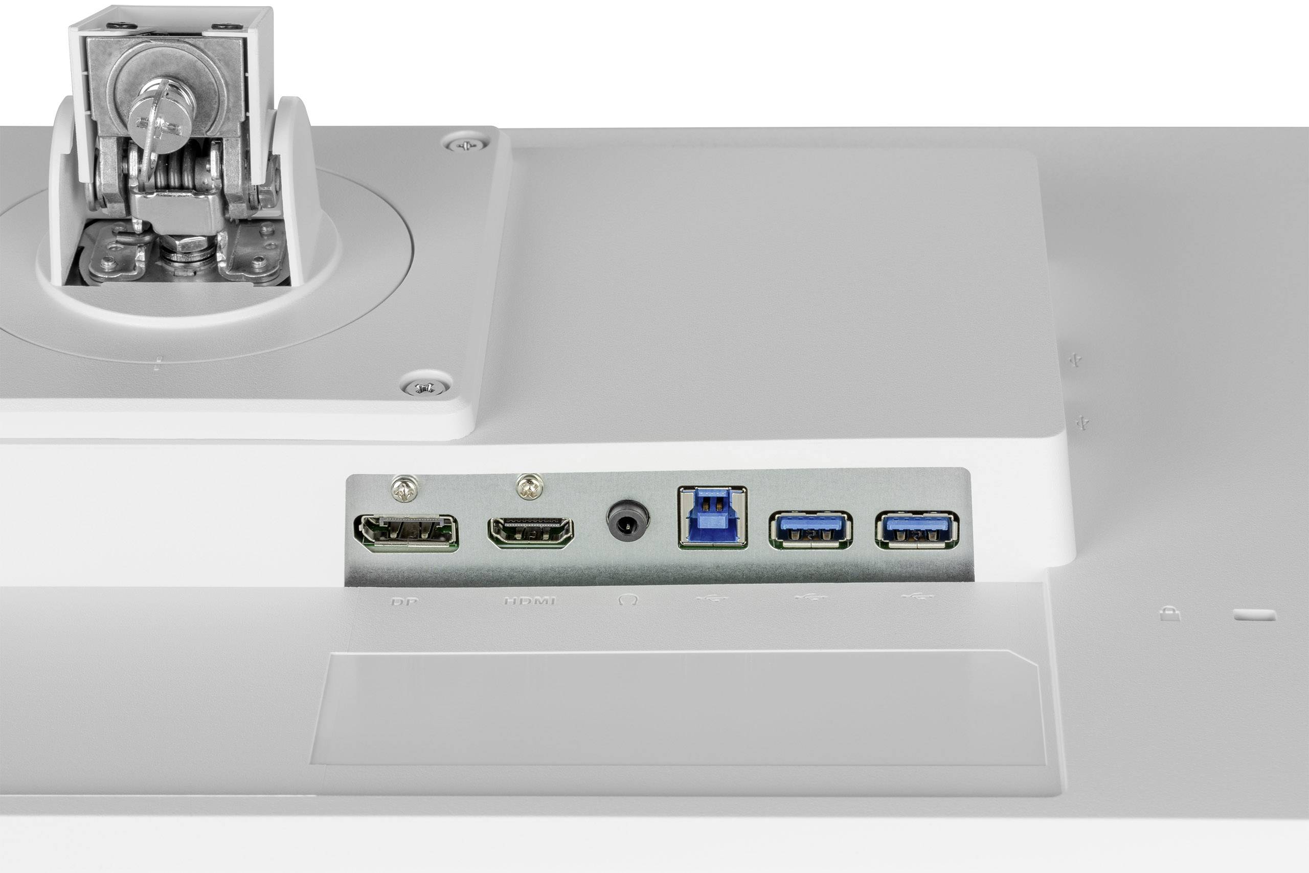 Het beeld toont de achterkant van een monitor met verschillende aansluitingen, waaronder HDMI, audio, USB en een stroomaansluiting.