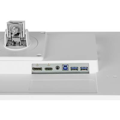 Het beeld toont de achterkant van een monitor met verschillende aansluitingen, waaronder HDMI, audio, USB en een stroomaansluiting.