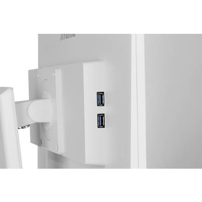 'Close-up van twee USB-poorten aan de achterkant van een witte monitor, toont hun opstelling en beschikbaarheid voor het aansluiten van apparaten.'