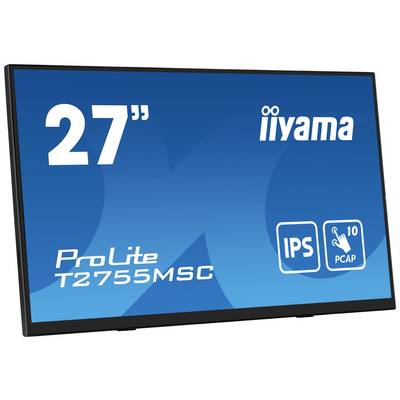 Monitorweergave met blauwe achtergrondafbeelding. Merknaam, schermgrootte '27"', modelnummer 'ProLite T2755MSC'. Logo's voor IPS en PCAP.