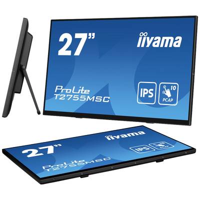 Twee monitoren van iiyama, model 'ProLite T2755MSC', allebei 27 inch, vertonen een blauw display met IPS- en 10-punts touchcapaciteit.