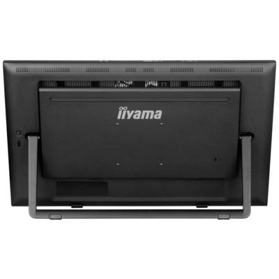 Achterzijde van een zwarte computermonitor van het merk Iiyama. De monitor is bevestigd op een stevige metalen standaard.