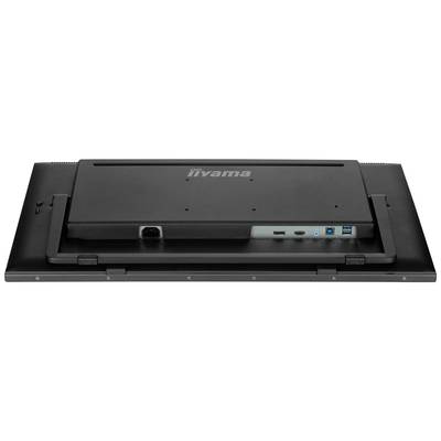 Achterkant van een Iiyama-monitor met zichtbare aansluitingen, waaronder HDMI, USB en Ethernet.