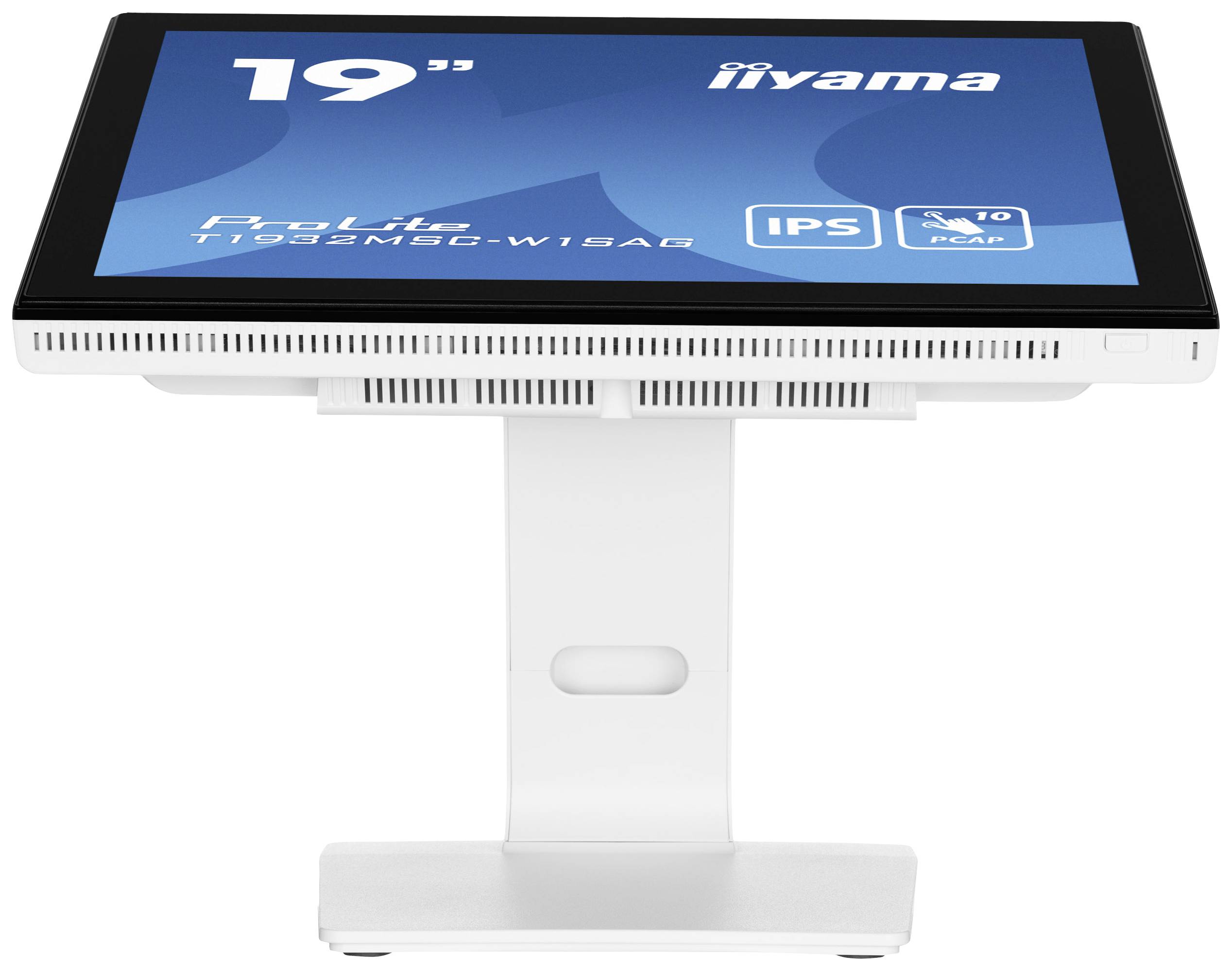 19-inch monitor met touchscreenfunctie, op een witte standaard. Scherm toont 'ProLite', 'IPS', '19"', '10 PCAP'.
