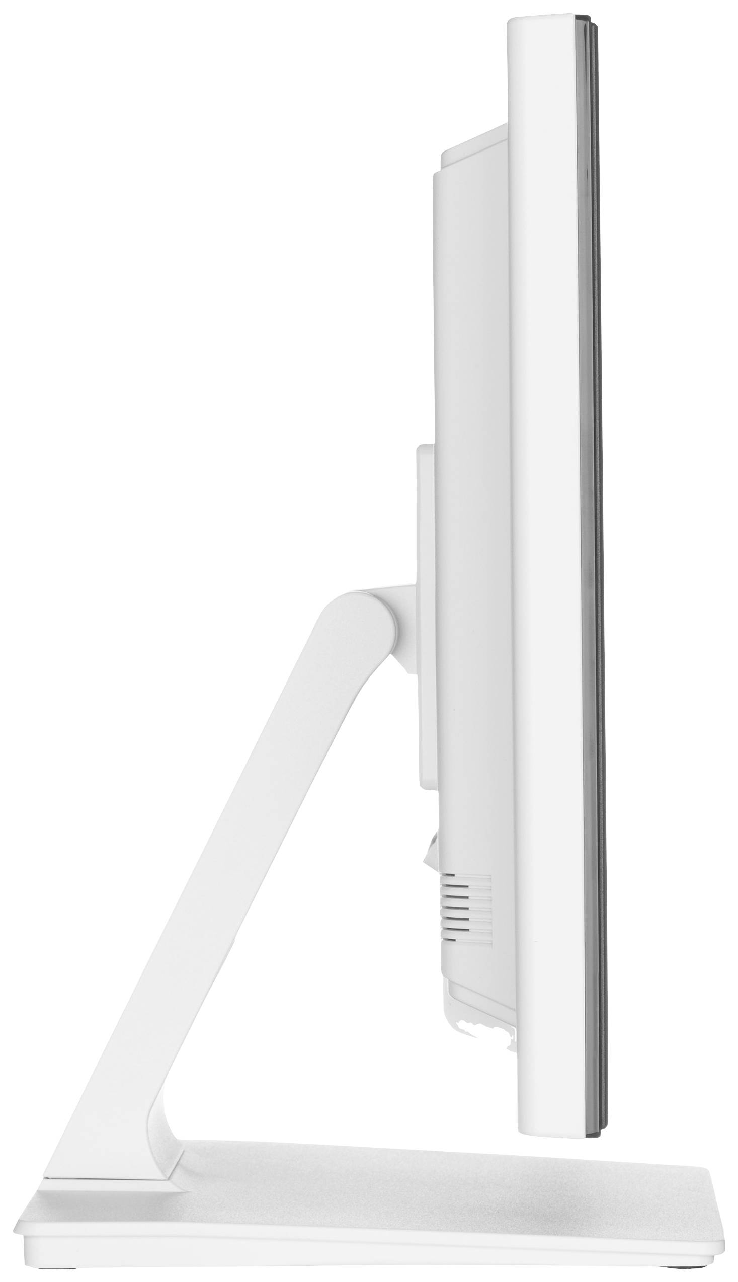 Een witte computermonitor, van opzij bekeken, toont een slanke vormgeving en een stabiele voet.