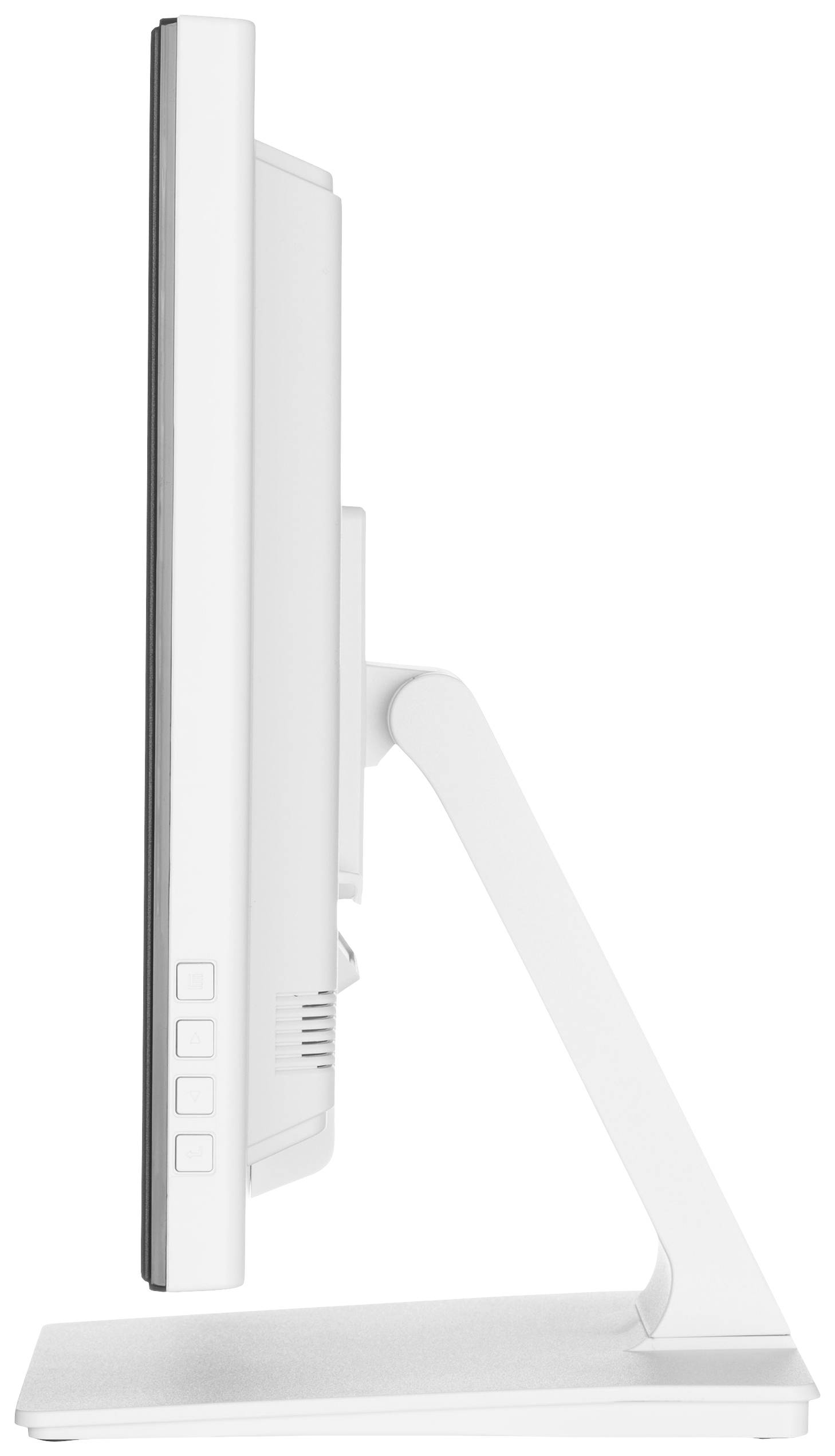 Een slanke, zijdelings geplaatste computermonitor met een witte rand en voet.