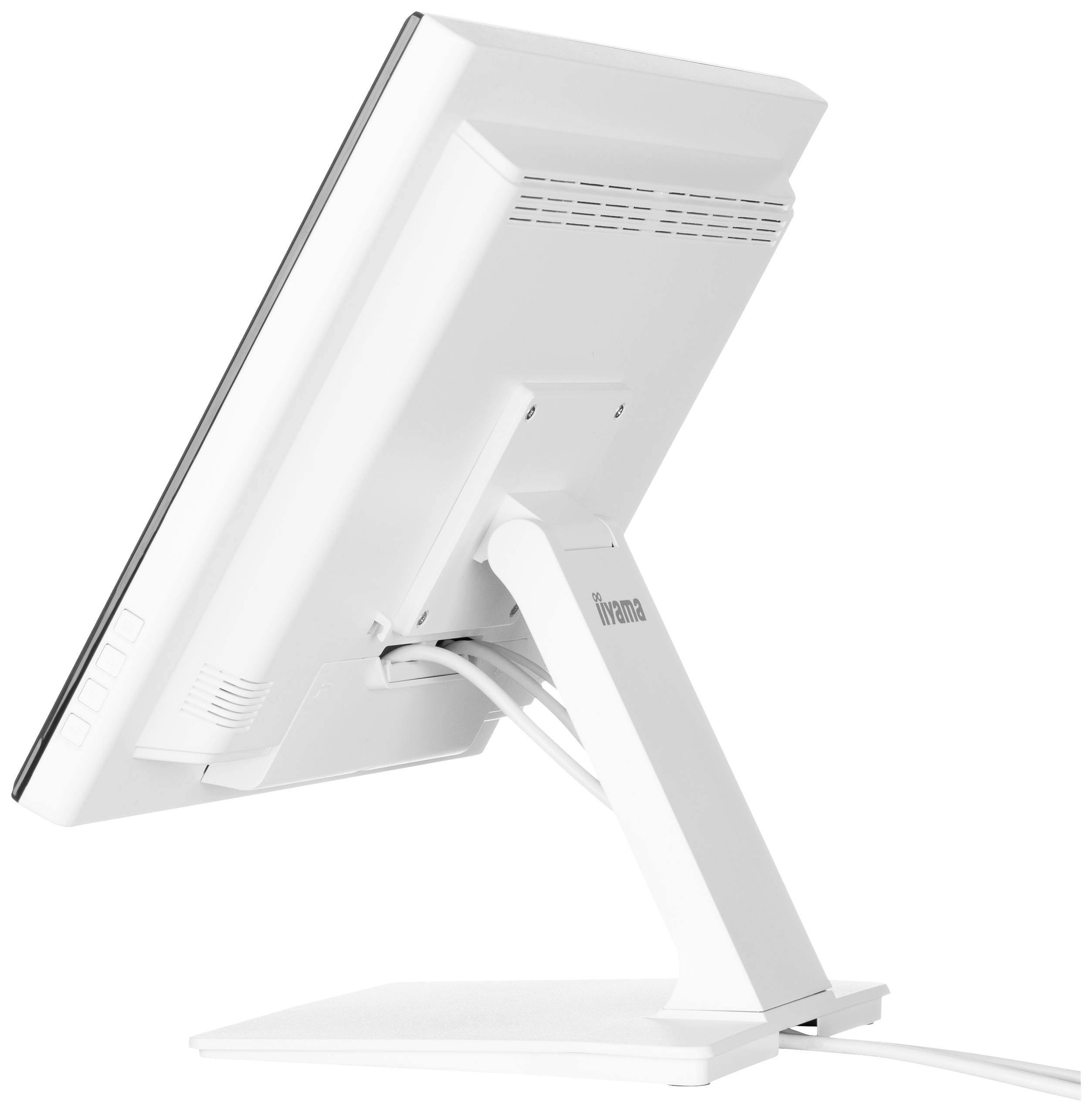 Een witte computermonitor van opzij, gemonteerd op een verstelbare standaard, met meerdere kabels aan de achterkant.