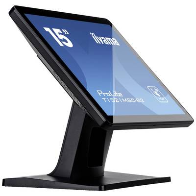 Een zwarte touchscreen-monitor van Iiyama, ProLite T1521MSC-B1Z model, op een standaard. Scherm toont technische details.