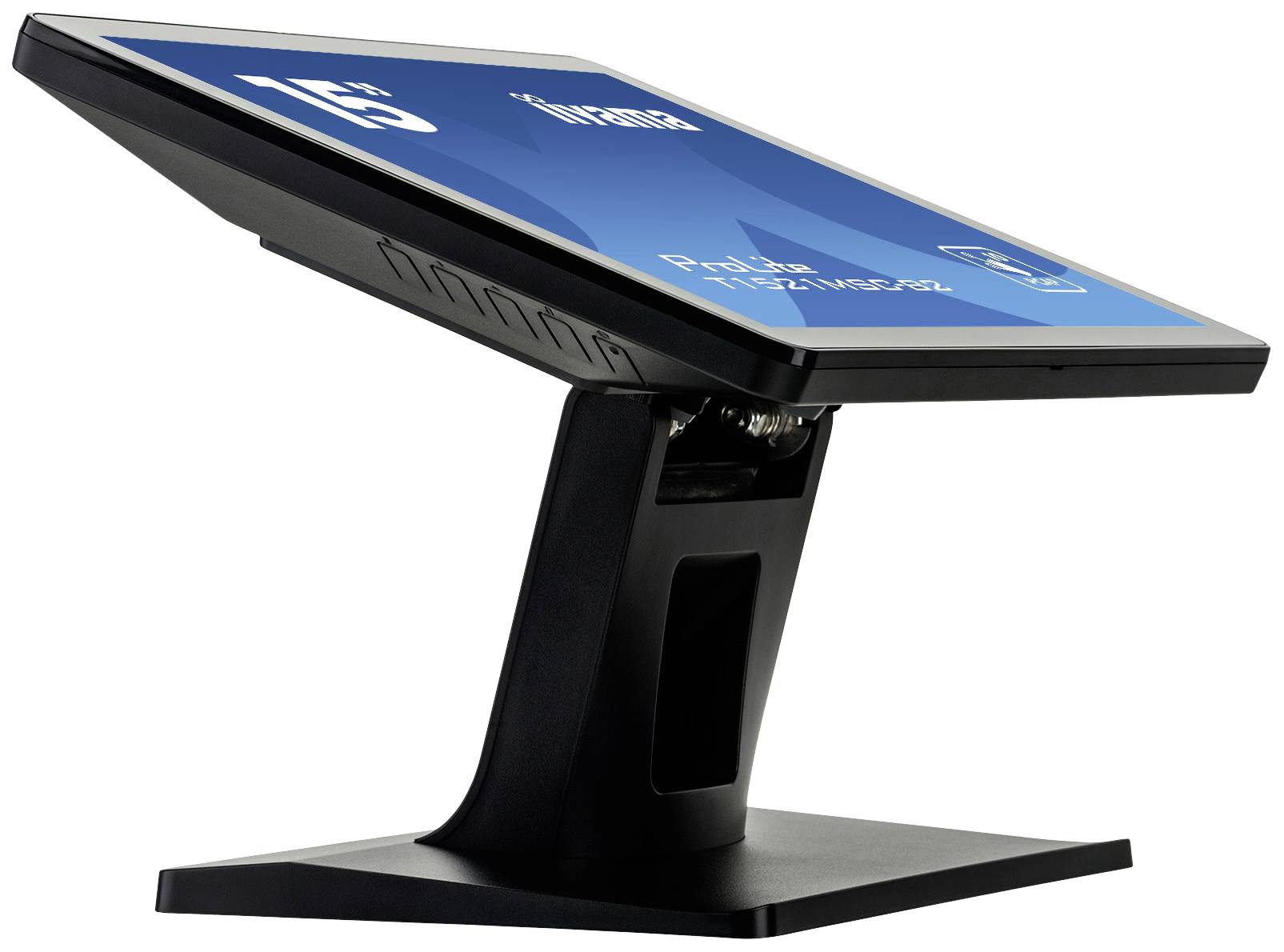 Een moderne touchscreenmonitor met een zwarte standaard, licht gekanteld, toont een gebruikersinterface met tekst en symbolen.