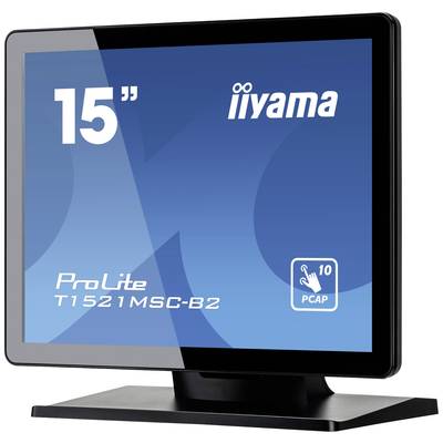 Een 15-inch iiyama touchscreen-monitor PCAP, model ProLite T1521MSC-B2, met zwarte rand en blauwe displayachtergrond.